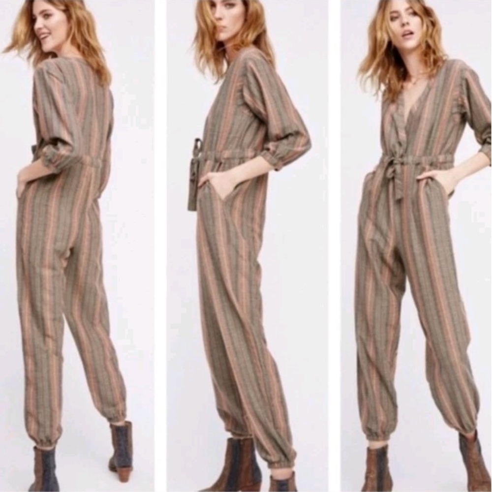 Free People Jumpsuit Loveland Metallic Striped Wool Blend Multicolor‎ Boho Sz XS